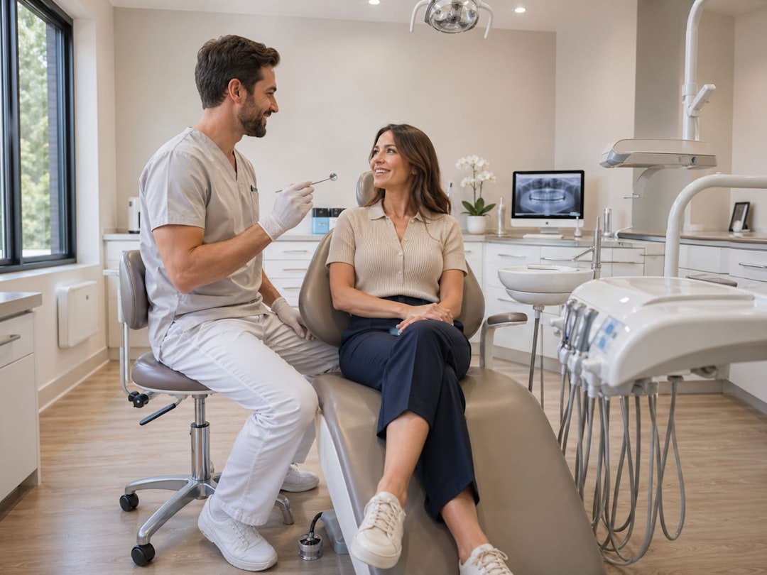 Dentist explaining halitosis findings to a patient in a calm consultation room